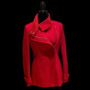 Women’s Express Cherry Red Asymmetrical Coat Zip Up Wool Bomber Jacket Size XS